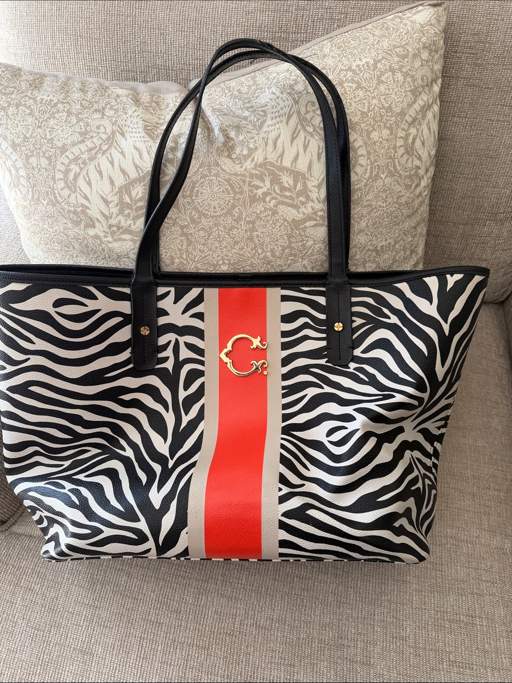 C. Wonder Zebra Stripe Tote with Red & Cream Center Stripe